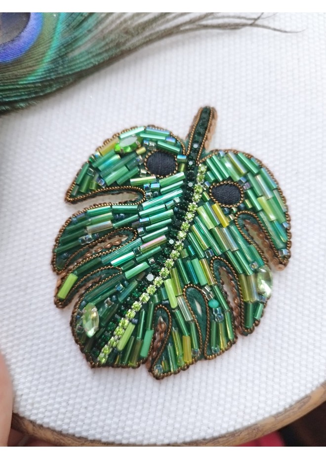 beaded embroidery brooch green monstera