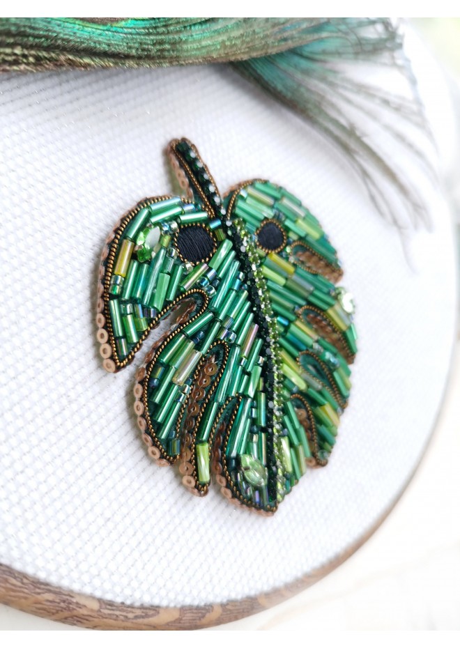 beaded embroidery brooch green monstera