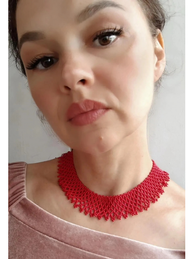 Red collar beaded necklace, traditional Ukrainian beaded sylyanka.