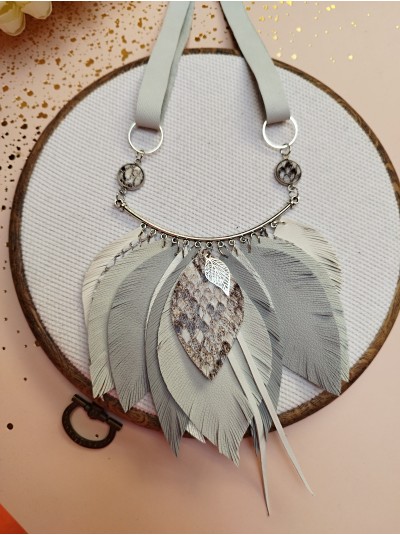 Light gray leather feather necklace, bib evening jewelry 
