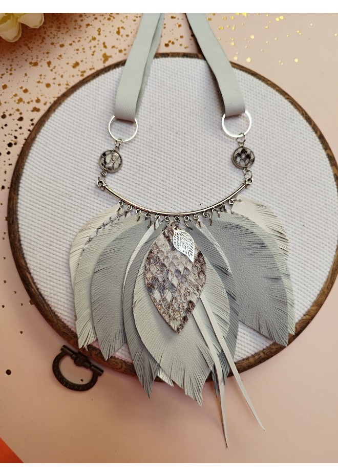 gray leather feather necklace