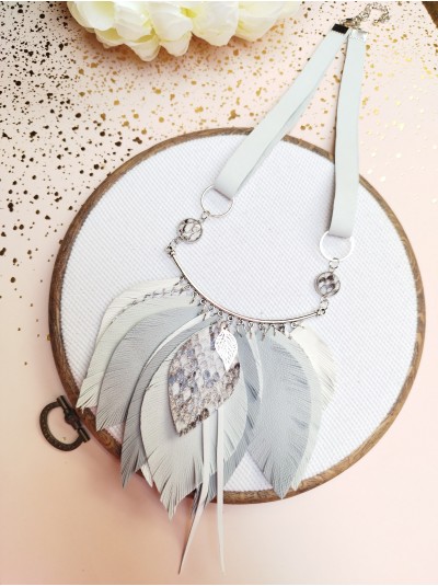 Light gray leather feather necklace, bib evening jewelry 