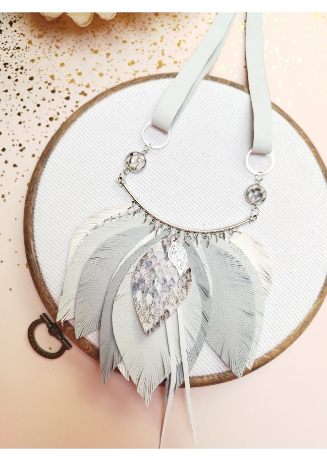 gray leather feather necklace
