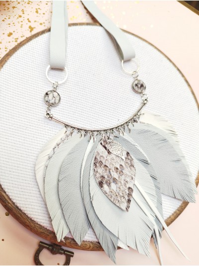 Light gray leather feather necklace, bib evening jewelry 