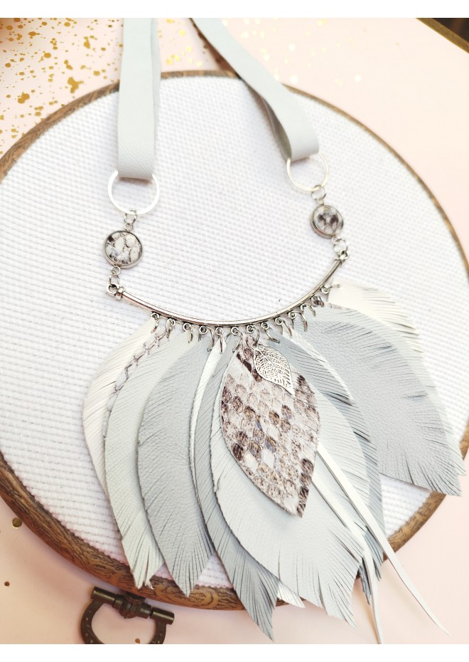 gray leather feather necklace