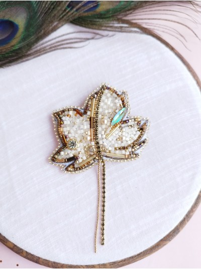 Beaded embroidery leaf brooch gold beige  grape leaf pin