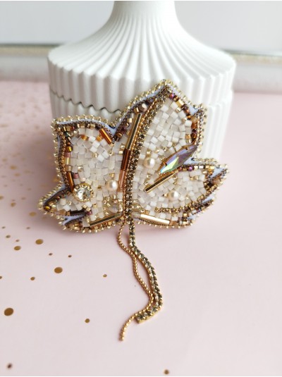 Beaded embroidery leaf brooch gold beige  grape leaf pin