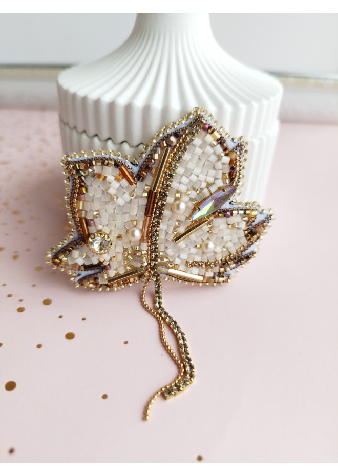 beaded  gold leaf brooch  