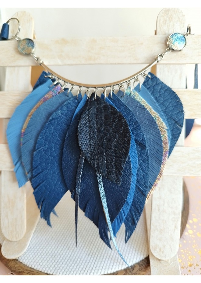 navy blue leather feather necklace