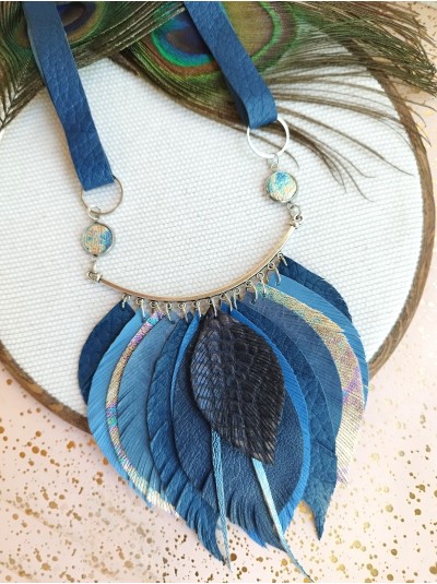 Deep blue leather feather necklace, bib evening jewelry 