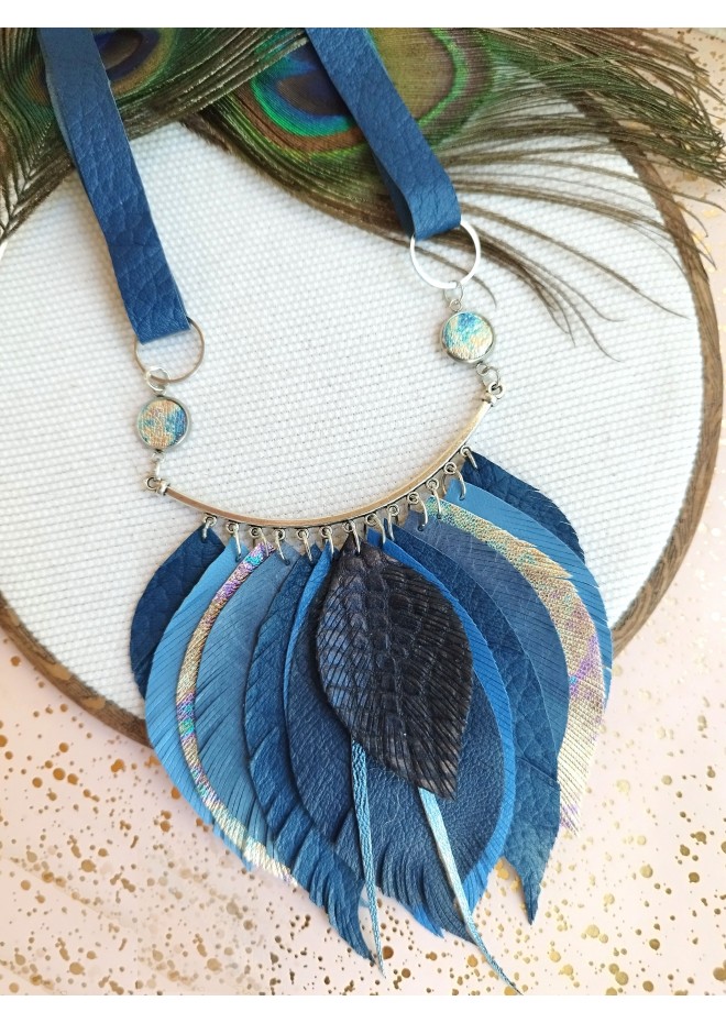 navy blue leather feather necklace
