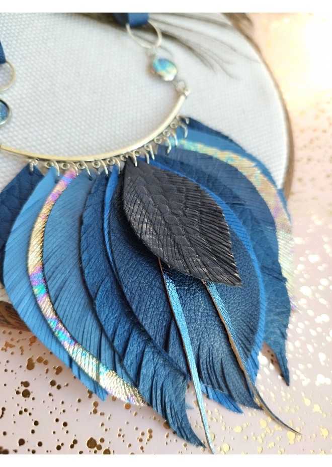 navy blue leather feather necklace