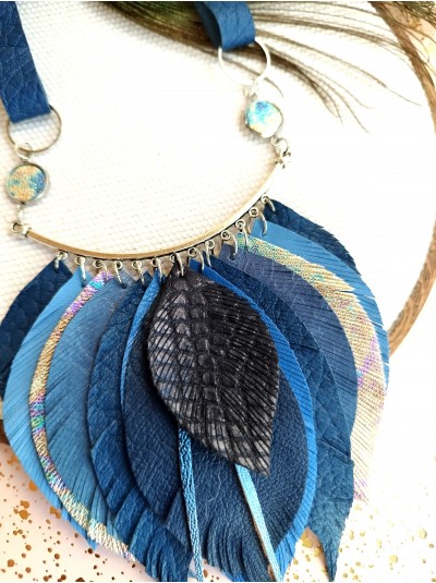 Deep blue leather feather necklace, bib evening jewelry 