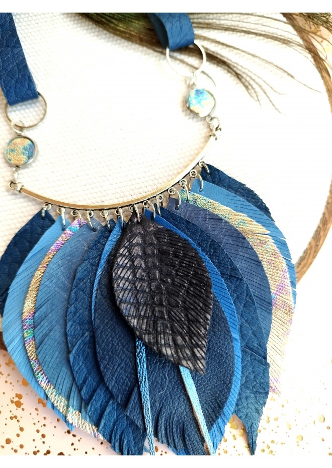 navy blue leather feather necklace