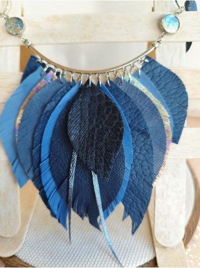 Deep blue leather feather necklace, bib evening jewelry 