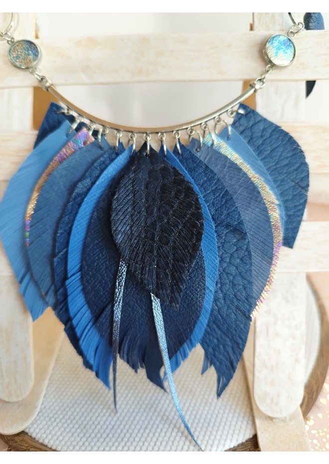 navy blue leather feather necklace
