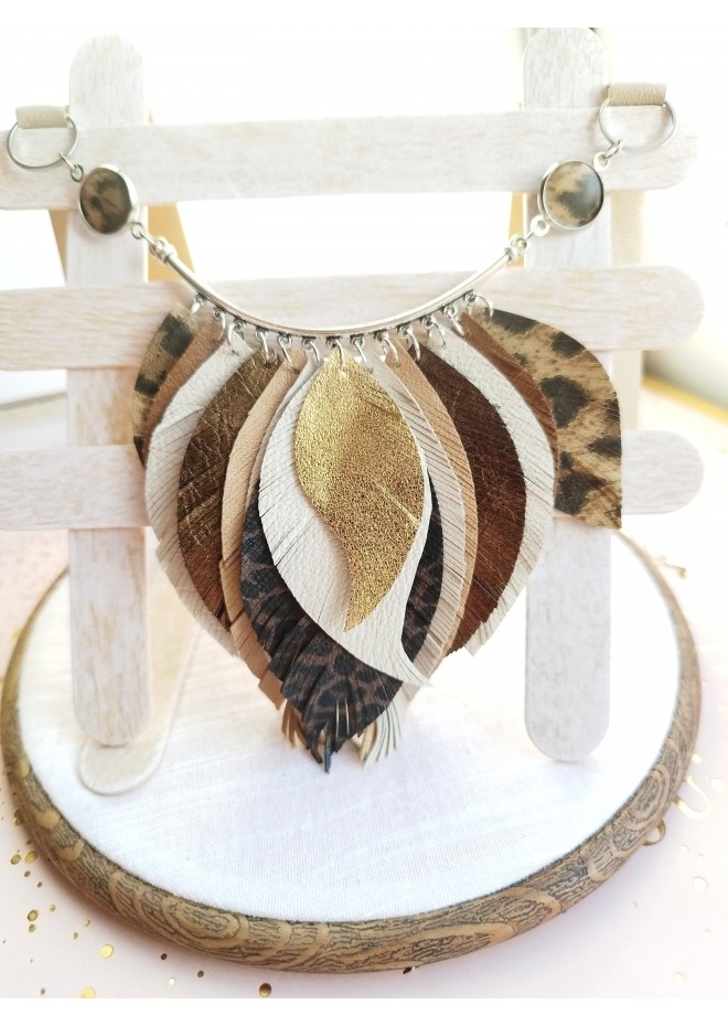 beige brown leather feather necklace