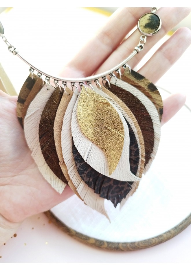 beige brown leather feather necklace