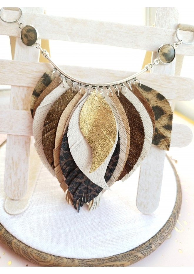 beige brown leather feather necklace