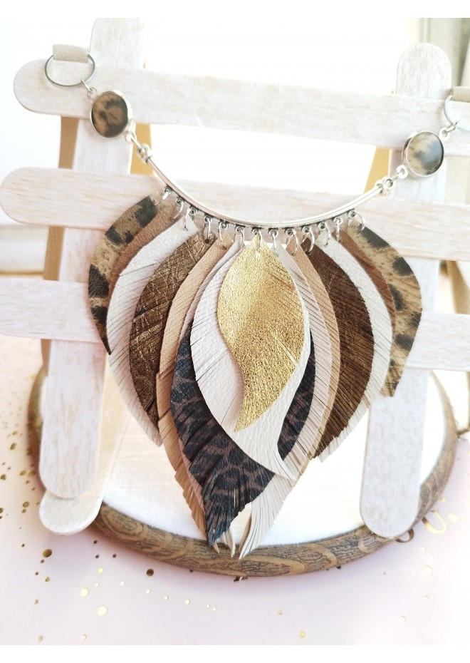 beige brown leather feather necklace