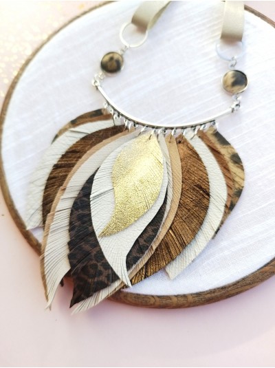 Brown white leather feather necklace, bib evening jewelry 