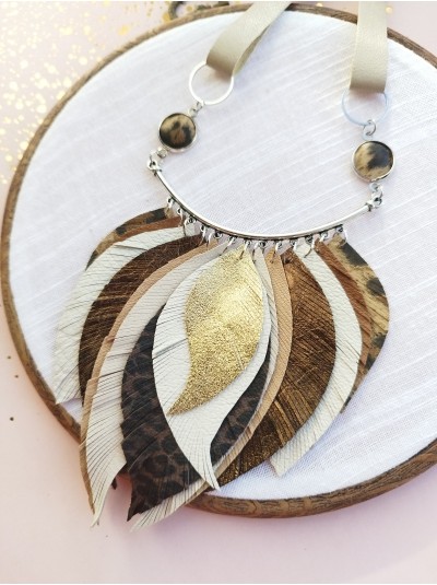 Brown white leather feather necklace, bib evening jewelry 