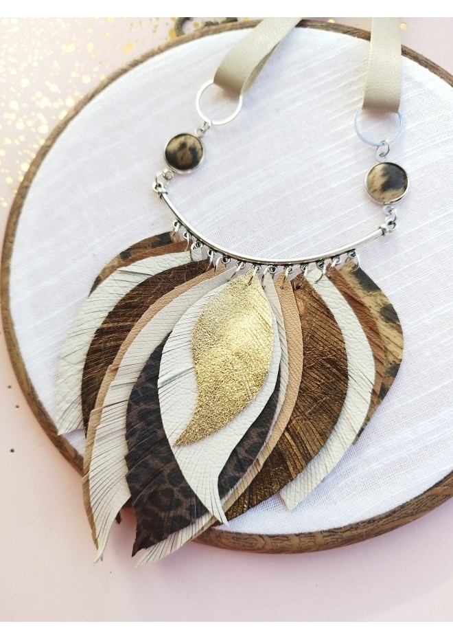 beige brown leather feather necklace