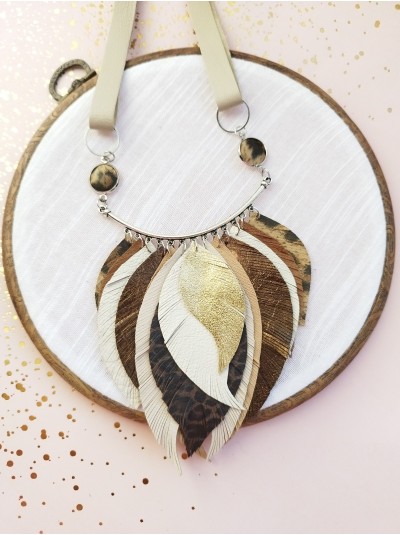 Brown white leather feather necklace, bib evening jewelry 