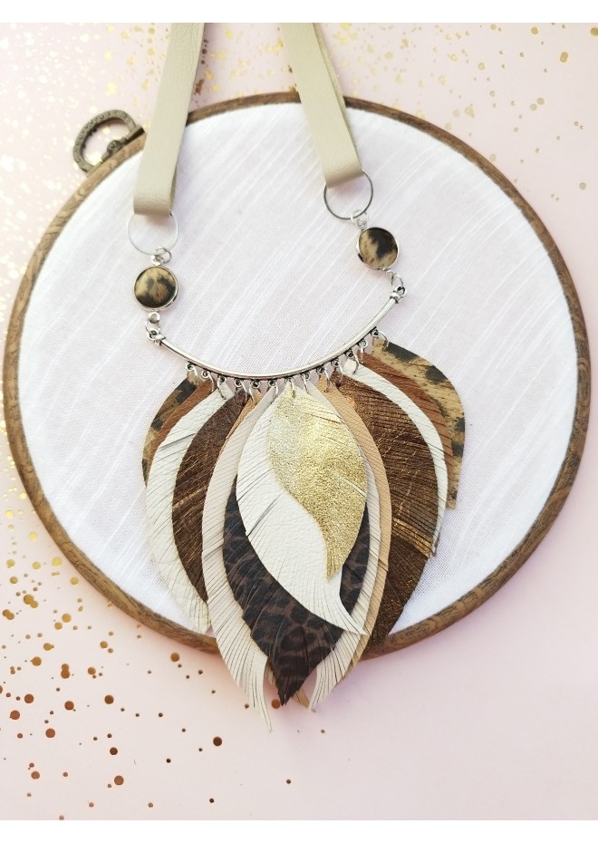 beige brown leather feather necklace