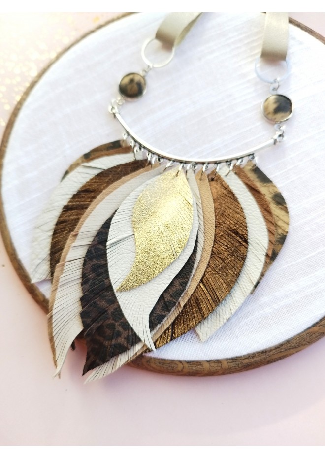 beige brown leather feather necklace