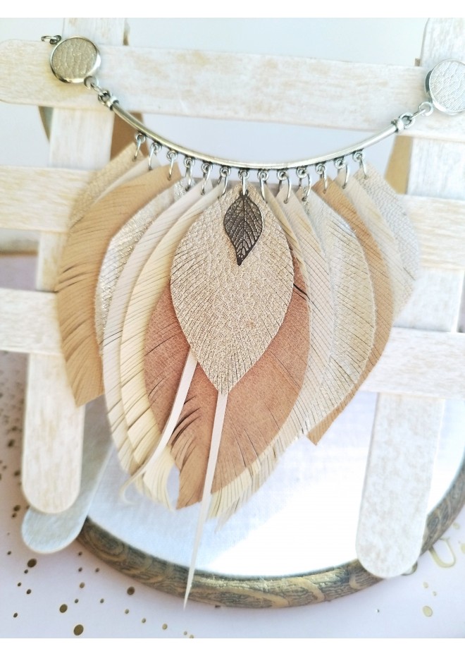 beige sand leather feather necklace