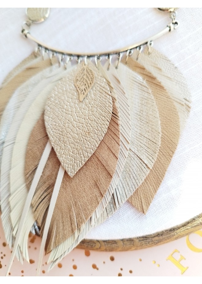 beige sand leather feather necklace