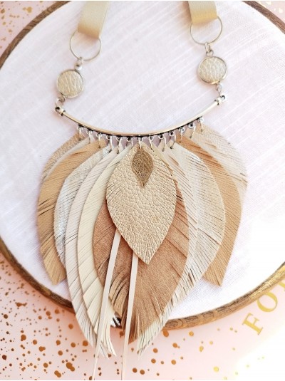 Soft beige leather feather necklace, bib evening jewelry 