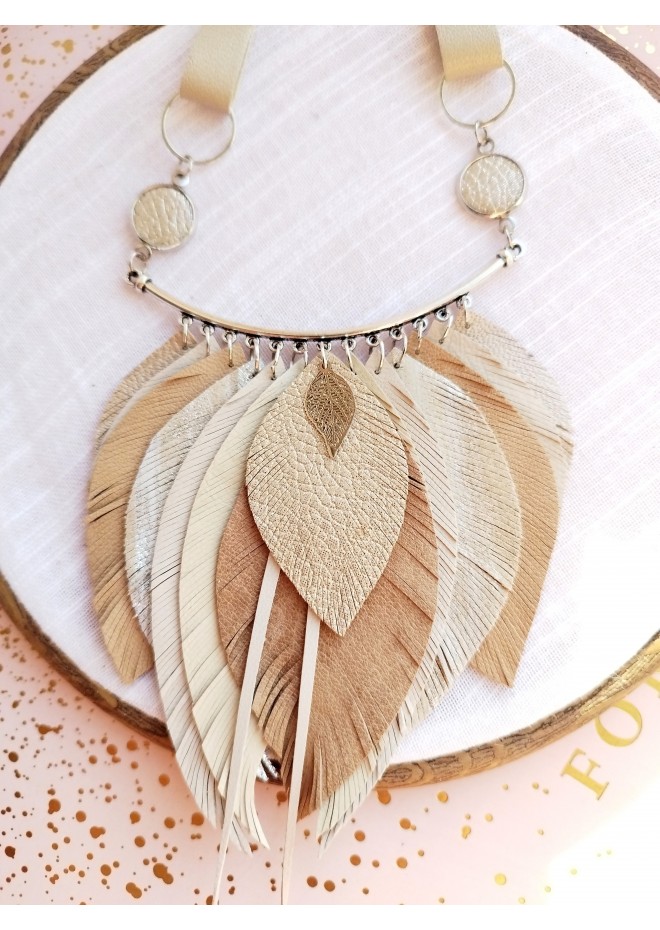 beige sand leather feather necklace