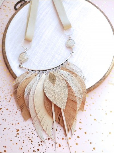Soft beige leather feather necklace, bib evening jewelry 