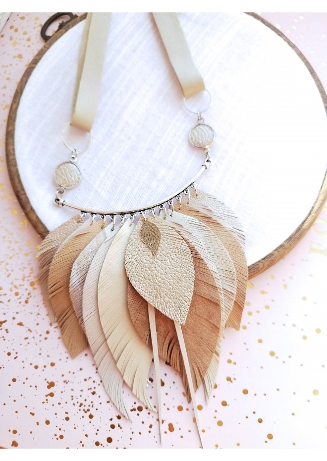 beige sand leather feather necklace