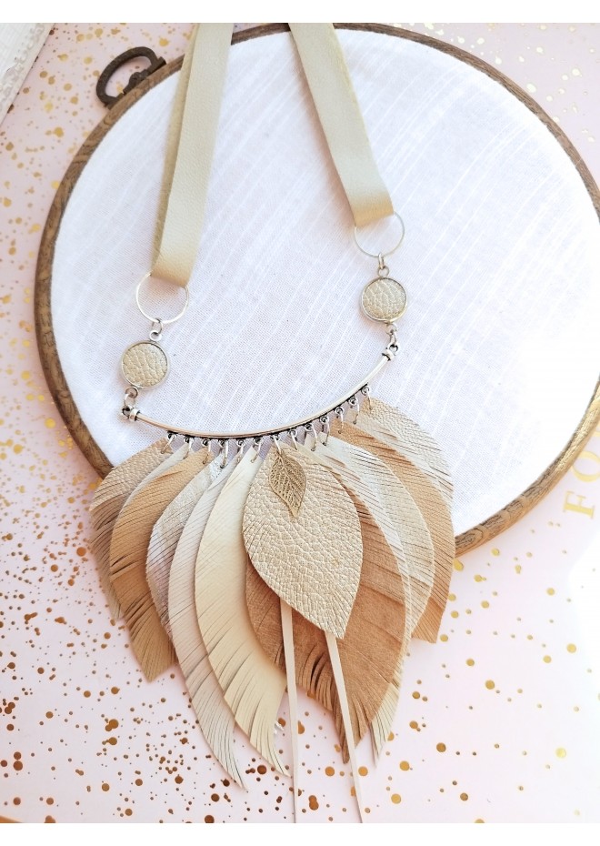 beige sand leather feather necklace