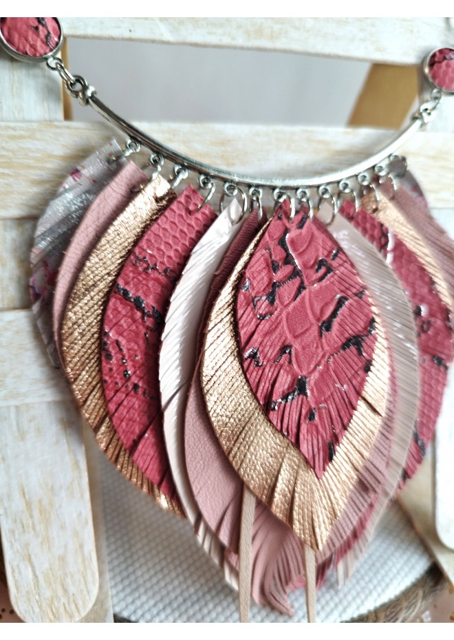 pink  leather feather bib necklace
