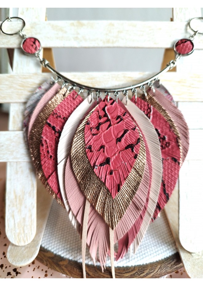 pink  leather feather bib necklace