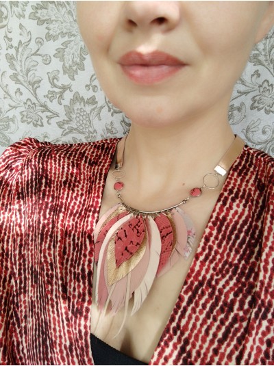 Rose pink leather feather necklace, bib evening jewelry 