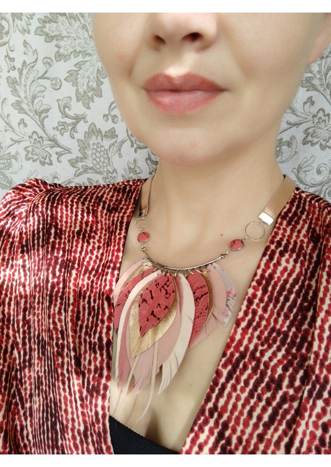 pink  leather feather bib necklace