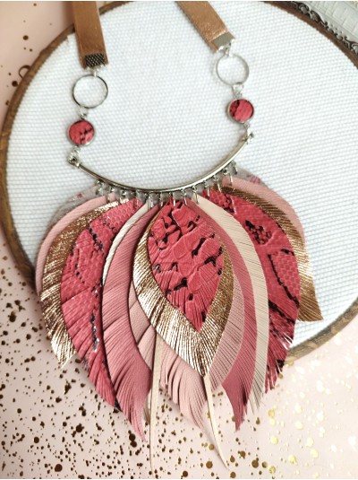 Rose pink leather feather necklace, bib evening jewelry 