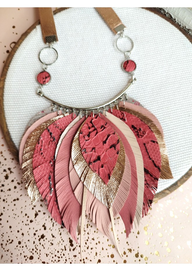 pink  leather feather bib necklace
