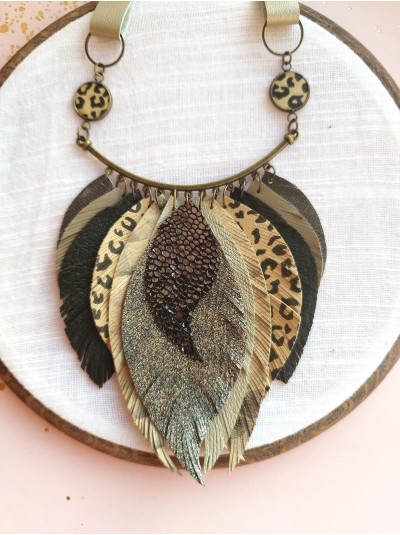 Olive leather feather necklace, bib evening jewelry.