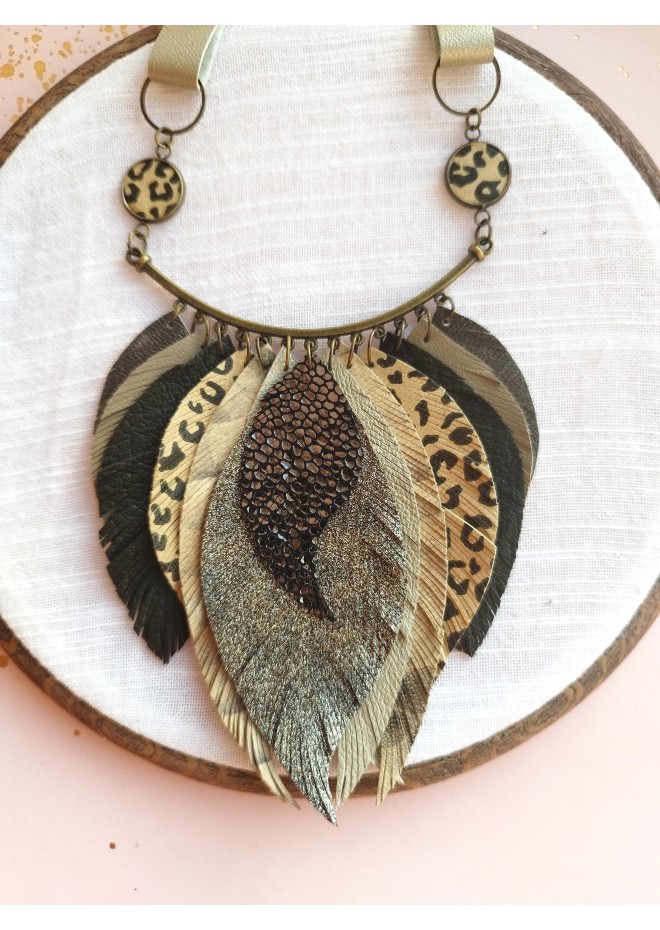 green olive leather feather bib necklace