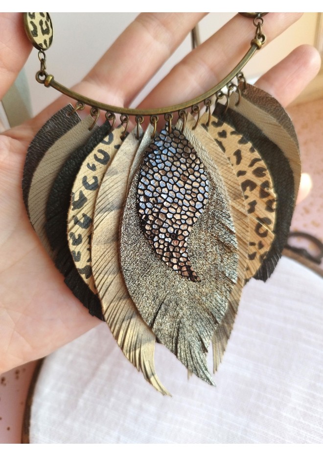 green olive leather feather bib necklace