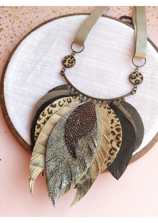 green olive leather feather bib necklace