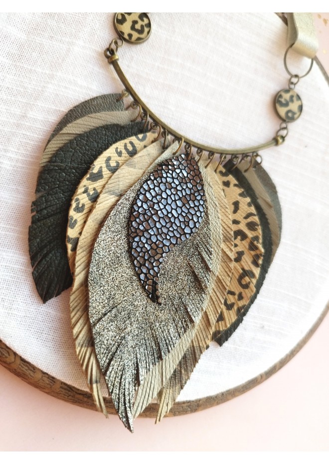 green olive leather feather bib necklace