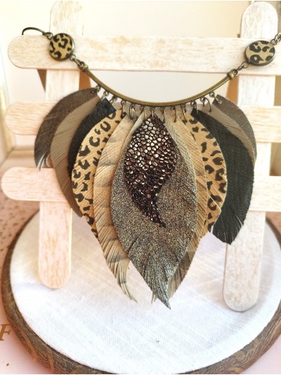 Olive leather feather necklace, bib evening jewelry.