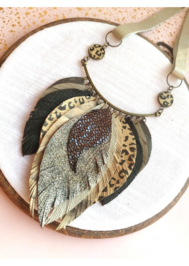 green olive leather feather bib necklace